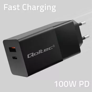 Qoltec 52382 GaN POWER PRO ładowarka | 1xUSB typu C | 1xUSB A | 100W | 5-20V | 1.5-5A | PD | Czarny