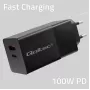 Qoltec 52382 GaN POWER PRO ładowarka | 1xUSB typu C | 1xUSB A | 100W | 5-20V | 1.5-5A | PD | Czarny