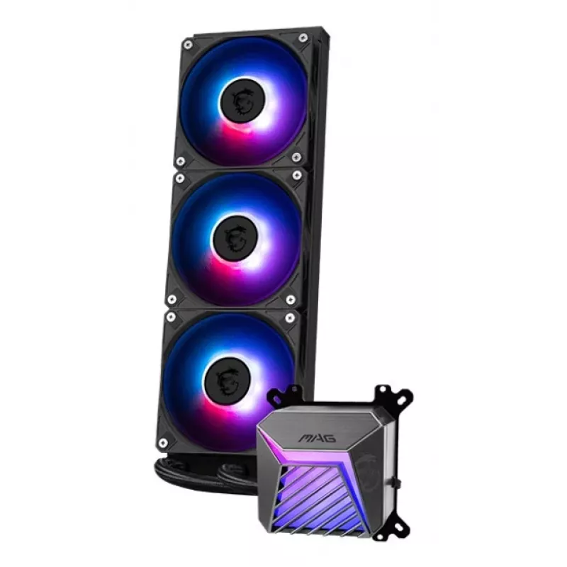Zestaw chłodzenia cieczą All-in-one MSI MAG Coreliquid A15 360 — 3x wentylatory 120 mm, radiator 394 x 120 x 27 mm, pompa 5V, RGB, obsługuje LGA 1851
