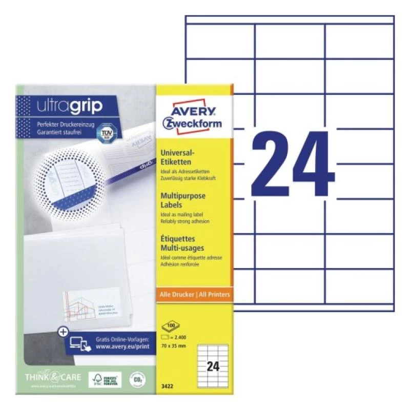Uniwersalne etykiety 70x35mm InkjetLaserCopy A4 100 arkuszy 2400 szt. Białe