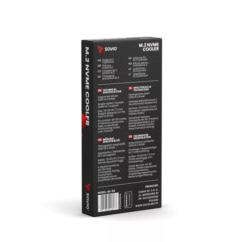 Chłodnica powietrza SAVIO M.2 NVMe 2280 AK-60 Czarny radiator dla SSD 22x80 mm