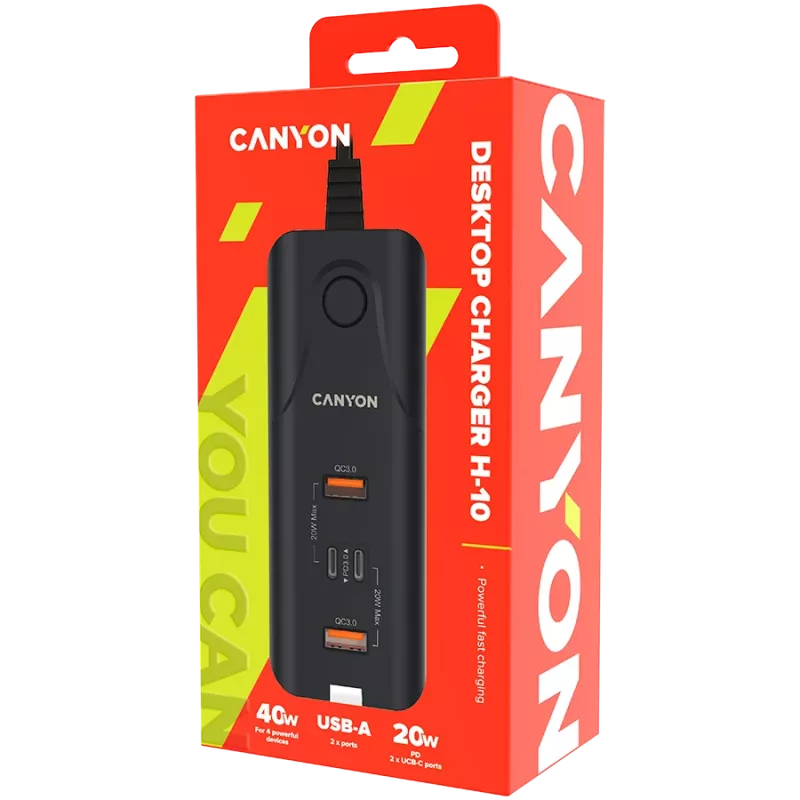 Ładowarka biurkowa CANYON H-10 PD 20W QC 3.0 18W 2USB-A 2USB-C Czarna