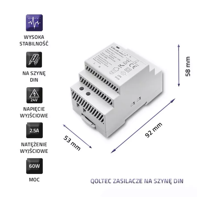 zasilacz na szynę DIN QOLTEC 24 V 2,5 A 60 W szary