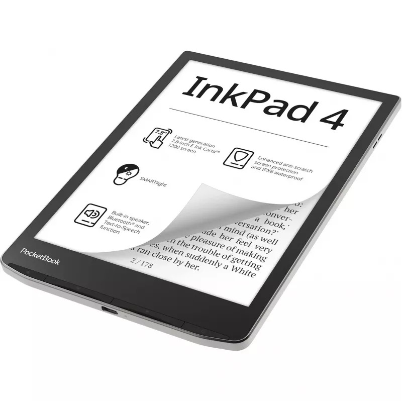 PocketBook InkPad 4 - 19,8 cm (7.8 inch) - E Ink Carta - 1404 x 1872 pikseli - ACSM - AZW - AZW3 - CBR - CBZ - CHM - DOC - DOCX - DjVu - EPUB - EPUB DRM - FB2 - FB2.ZIP - HTM - HTML - MOBI
