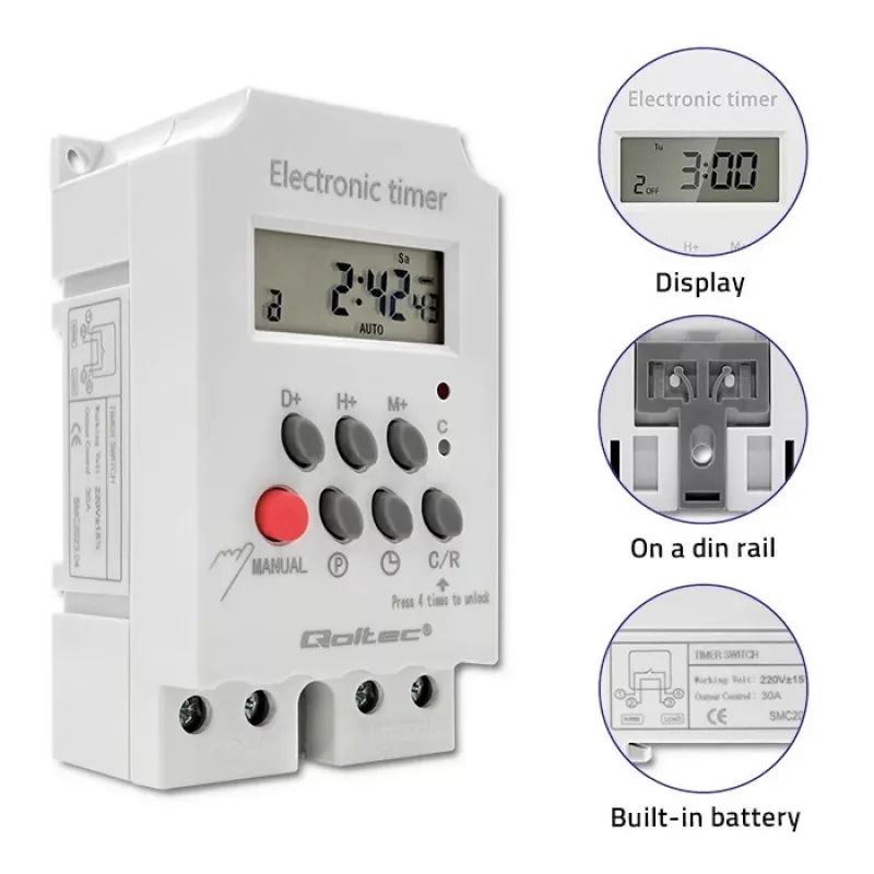 Elektroniczny przekaźnik czasowy na szynę DIN QOLTEC PC0629 — zasilanie 24V, wyjście 16A