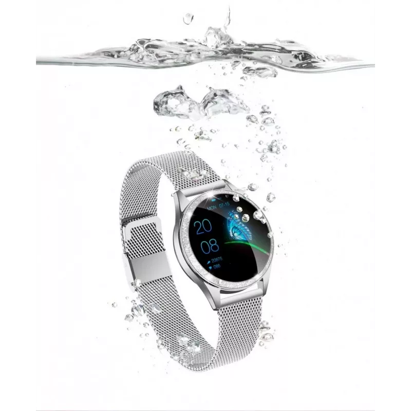 Smartwatch ORO-MED ORO-SMART CRYSTAL srebrny — okrągła metalowa obudowa, LCD 240×198, wyświetlacz 1.04 cala, Bluetooth 4.0, wodoodporny, bateria 120 mAh