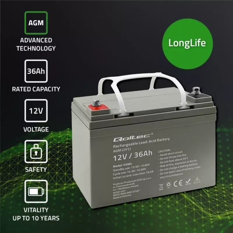 Hermetyczny akumulator AGM do UPS QOLTEC 53084 12V 36Ah LongLife