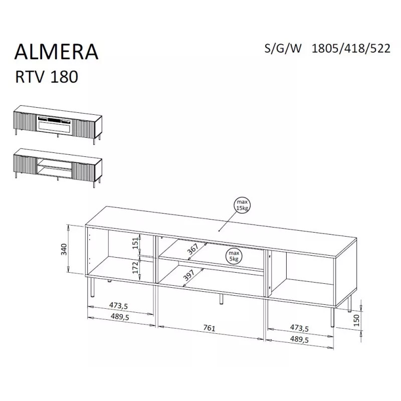 Szafka RTV Cama ALMERA 180,5×42×52,5 cm orzech/kaszmir – blat z płyty wiórowej, rama orzech