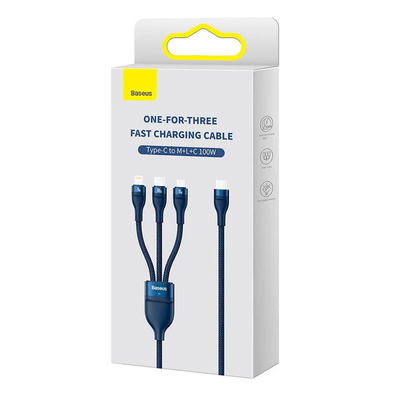Kabel USB 3w1 Baseus Flash Series 2, USB-C + micro USB + Lightning, 100 W, 1,5 m (niebieski)