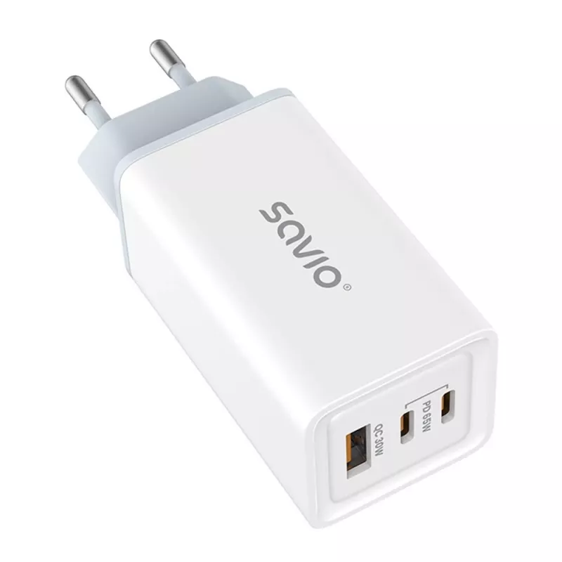 Ładowarka sieciowa SAVIO LA-07 GaN 65W, USB, QC4.0+, PD 3.0, Biała
