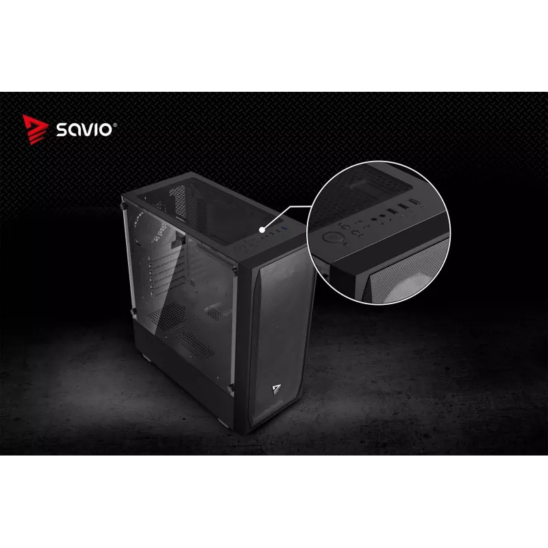 Obudowa PC SAVIO Noctis Flow — Cube Mini‑ITX/Micro‑ATX/ATX, 3x120mm przód, 1x120mm tył, 2x3.5 cala + 3x2.5 cala zatoki, hartowane szkło