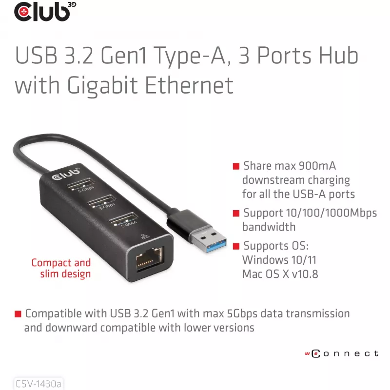 Hub USB CLUB3D USB 3.2 Gen1 Type-A, 3 porty i Gigabit Ethernet