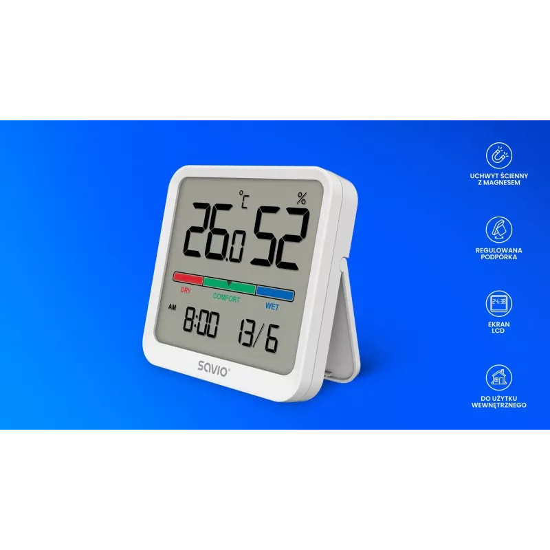 Wewnętrzny czujnik temperatury i wilgotności SAVIO CT-01/W, wyświetlacz LCD, -10–55°C, 10–99%RH, bateria CR2032