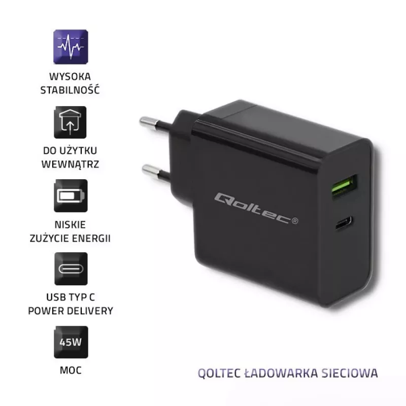 Zasilacz QOLTEC 51717 45W 20V 3A ładowarka sieciowa wewnętrzna do smartwatcha, czarny
