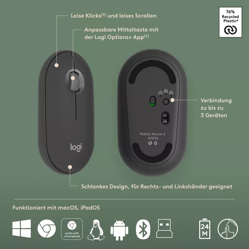 Logitech Pebble 2 Combo Bezprzewodowa Klawiatura i Mysz QWERTZ Niemiecki Grafit