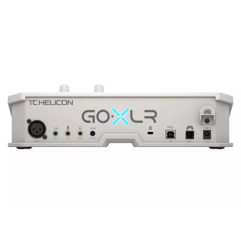 Biały mikser audio USB TC‑Helicon GO XLR‑WH — 1 wejście mikrofonowe XLR, USB‑B, zasilanie phantom 48 V, 24‑bit/48 kHz, wyjście optyczne