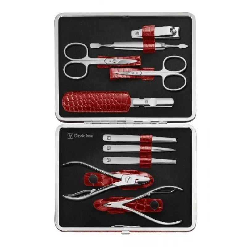 Zwilling Classic, zestaw do manicure ze stali nierdzewnej – etui skórzane, 10 szt. – czerwony