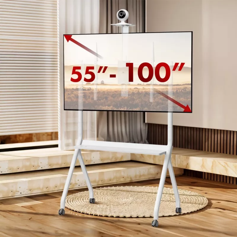 Stojak podłogowy pod telewizor MACLEAN MC-114 W do wyświetlaczy 55–100 cali, biały, VESA do 900x600, maks. obciążenie 120 kg, wysokość 115–152 cm, półka