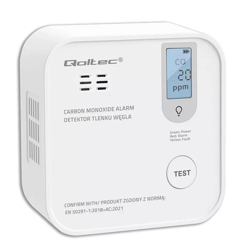 Czujnik tlenku węgla QOLTEC 52577 — alarm zasilany bateriami, poziom dźwięku 85 dB