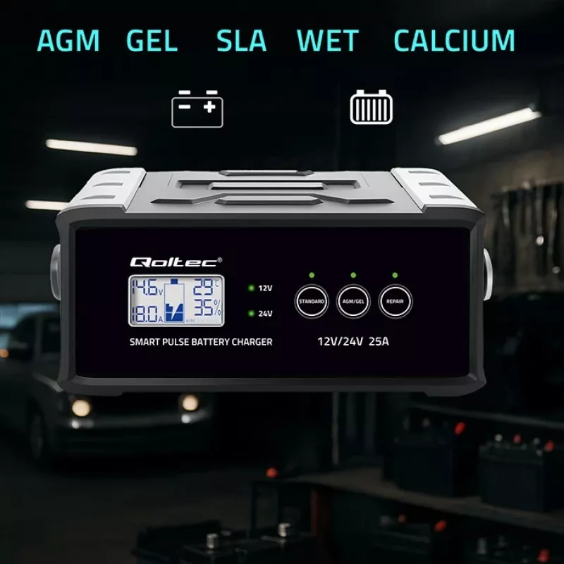 Prostownik QOLTEC 52514 — 12 V/24 V, 25 A, do akumulatorów AGM/żelowych/SLA z wyświetlaczem LCD