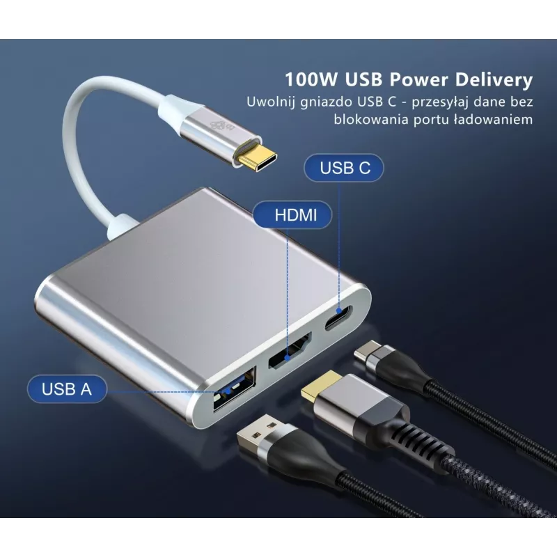 Koncentrator przejściówek USB C TB AKTBXVAU3HMPDAV — 3 w 1: HDMI + USB-A + USB-C PD, Srebrny