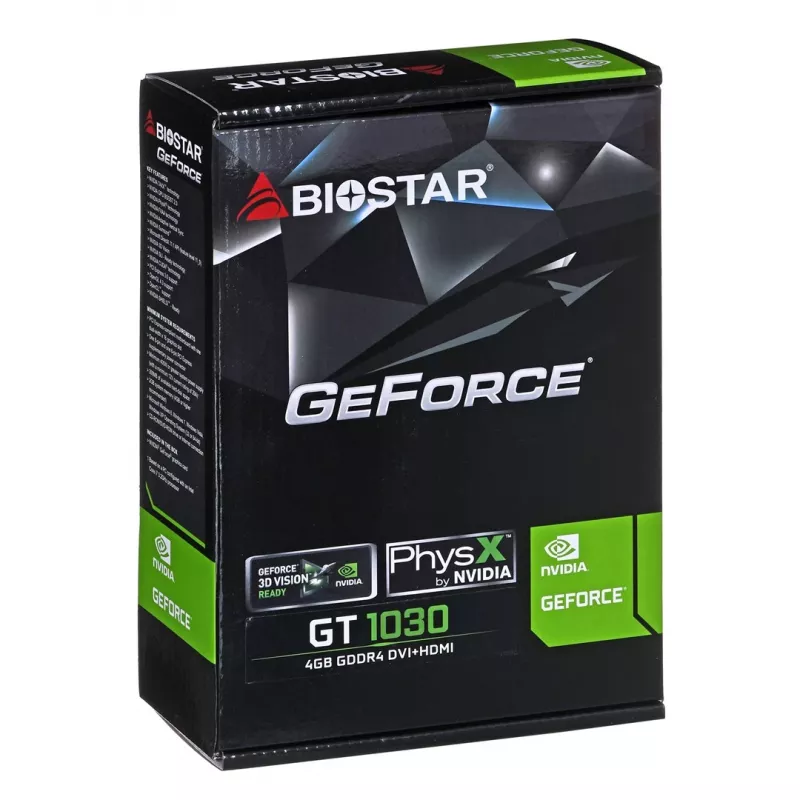 Karta graficzna BIOSTAR GeForce GT 1030 — 4 GB GDDR4, 64-bitowa, PCIe x16 4.0, aktywne chłodzenie, DVI-D + HDMI