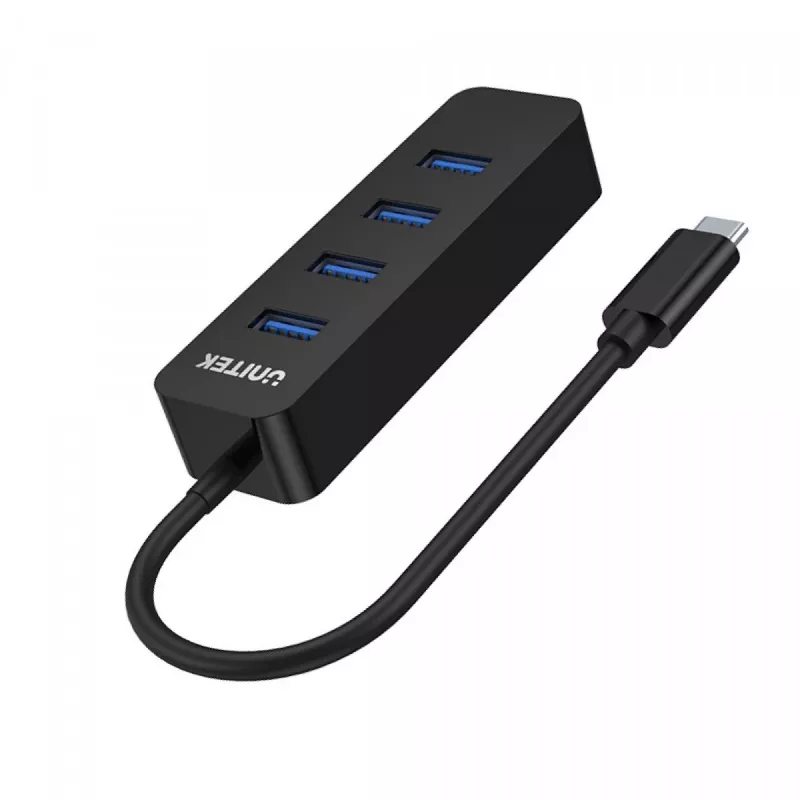 Hub USB Unitek uHUB Q4 — 4-portowy hub USB 3.2 Gen 1 (Type-A), host USB-C, 5 Gbit/s, 10 W, czarny