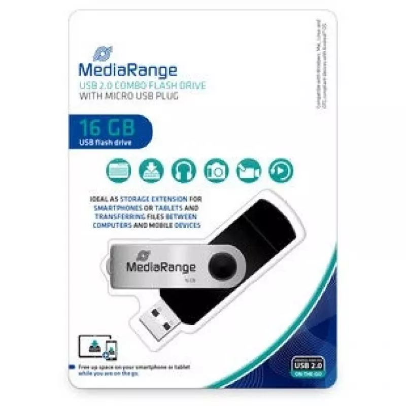 MEDIARANGE MR931-2 - 16 GB - USB Type-A / Micro-USB - 2.0 - 15 MB/s - pierścień obrotowy - Srebrny - Czarny