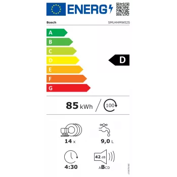Zmywarka Bosch | SMU4HMW02S | Do zabudowy | Szerokość 60 cm | Liczba kompletów 14 | Liczba programów 6 | Klasa efektywności energetycznej D | Wyświetlacz | Funkcja AquaStop | Biały
