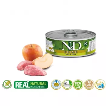 Mokra karma dla kota Farmina N&D Prime Boar & Apple saszetka 70 g — dorosłe, 13% białka, 75% wilgotności, bezglutenowa