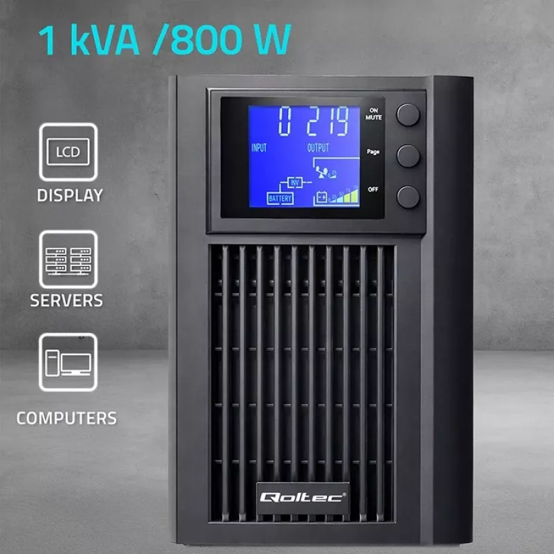 UPS QOLTEC Pure Sine Wave 1kVA 800W z AVR i wyświetlaczem LCD