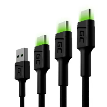 Zestaw kabli USB-C zielony Cell GC Ray — USB A na USB C 3 długości (30 cm, 120 cm, 200 cm), USB PD, 480 Mbps, 2.4 A, czarny