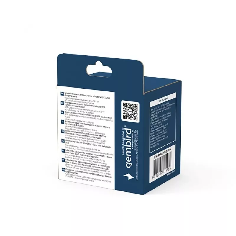 Podróżny adapter ładowania GEMBIRD TPA-EU2A1C15-01-W — 15W, wtyczka typu E, 2× USB-A + 1× USB-C, 100–250V