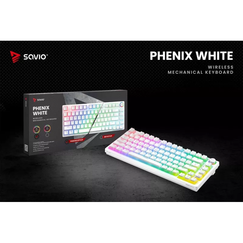 Klawiatura gamingowa Savio Phenix biały GAT czerwony PUD przewodowa bezprzewodowa USB Bluetooth RGB LED