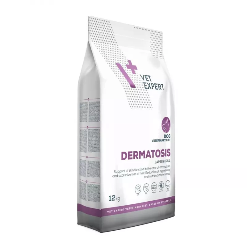 Sucha karma dla psa VETEXPERT Dermatosis Lamb & Krill 12 kg — dieta weterynaryjna przy problemach skórnych, białko 24%, tłuszcz 17%