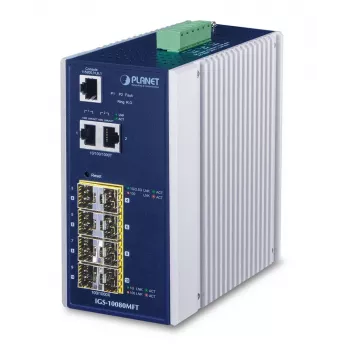 Zarządzalny przełącznik sieciowy PLANET IGS-10080MFT — 2 x Gigabit RJ-45, 8 x SFP, 12–48 V DC, Zarządzalny, IP30