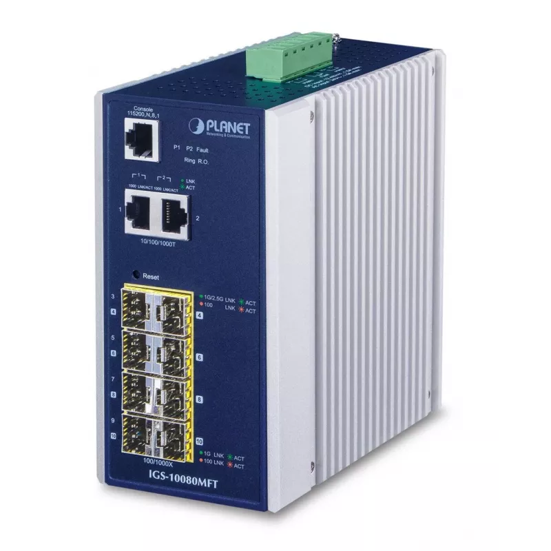 Zarządzalny przełącznik sieciowy PLANET IGS-10080MFT — 2 x Gigabit RJ-45, 8 x SFP, 12–48 V DC, Zarządzalny, IP30