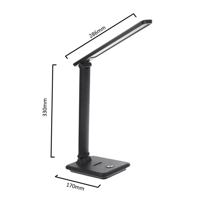 Lampa biurkowa LED MACLEAN MCE614B — ściemnialna, składane regulowane ramię, 9W, 3000K/4500K/6500K, czarna