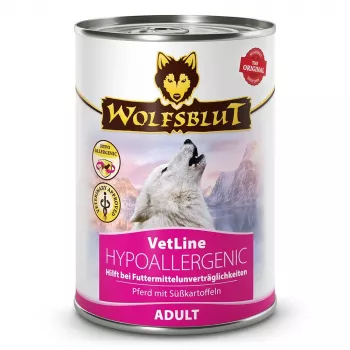 Mokra karma dla psów Wolfsblut VetLine Hypoallergenic Horse puszka 395 g, karma pełnoporcjowa dla psów dorosłych, białko 10%, tłuszcz 4,5%, wilgotność 80%