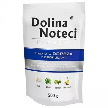 Mokra karma dla psa dolina noteci Premium bogata w dorsza z brokułami 500 g — pełnoporcjowa mokra karma dla dorosłych psów