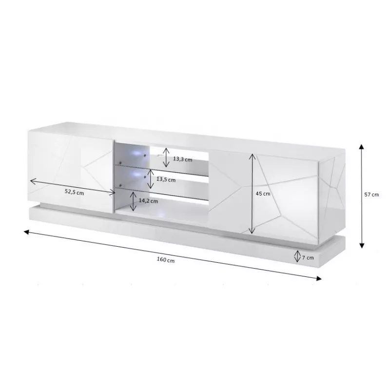TV cabinet cama meble QIU 160 — MDF biały gloss, 1600×420×570 mm