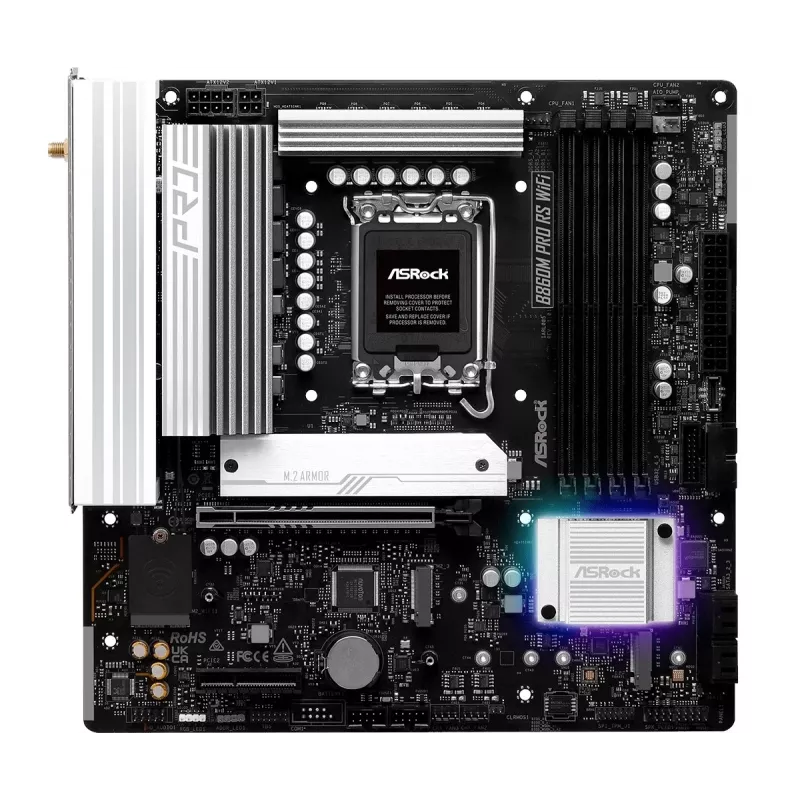 Płyta główna ASRock B860M Pro RS WiFi — Intel B860, LGA 1851, micro ATX, DDR5, 4 DIMM, 3x M.2, 2.5Gb LAN, Wi‑Fi, Bluetooth