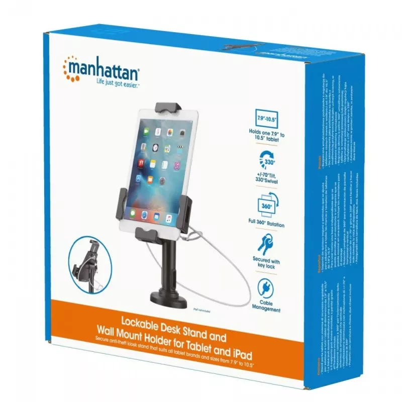 Manhattan iPad i Tablet - Stojak biurkowy, zamykany, do montażu na ścianie, zabezpieczenie przed kradzieżą, tablety 7.9 inch do 10.5 inch, obrót 360°, nachylenie +/-70°, obrót w poziomie 330°, czarny, dożywotnia gwarancja