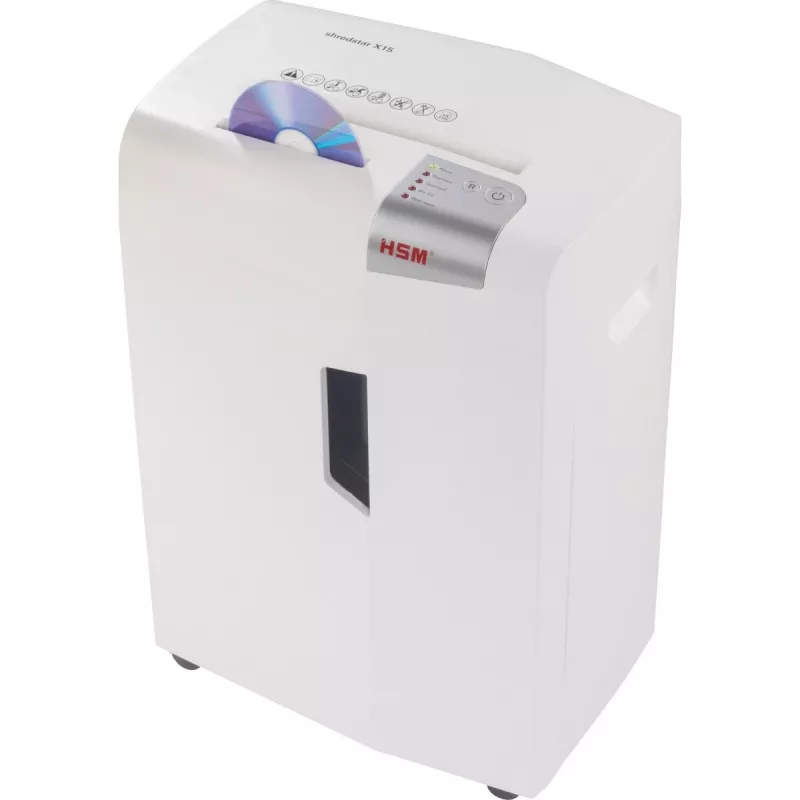 Papier niszczarka HSM X15, cięcie na cząsteczki P-4, 23 cm szerokość robocza, pojemność 16 arkuszy, pojemnik 26 l, srebrny