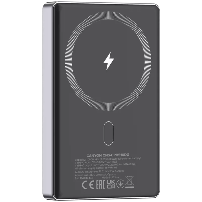 Canyon OnCharge 510 - Powerbank - 10.000 mAh - wejście USB-C - wyjście USB-C PD 20W + ładowanie bezprzewodowe magnetyczne