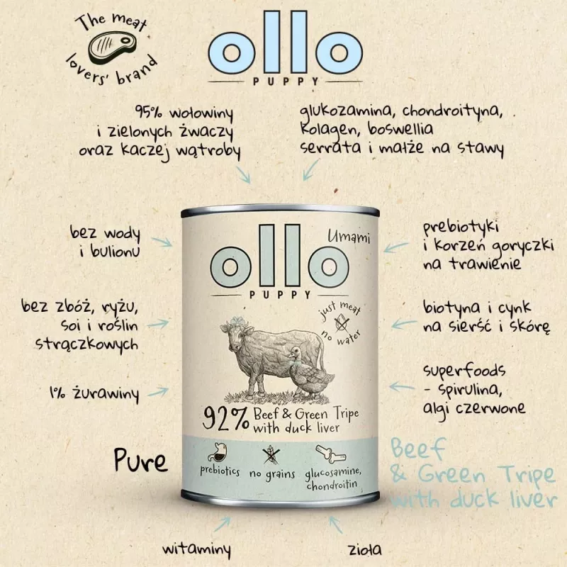 OLLO Puppy Umami Beef and Green Tripe with Duck Liver - mokra karma dla psa - 400g