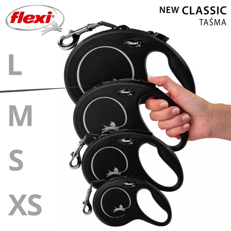 Smycz automatyczna Flexi New Classic L 5 m Czarna – linka, dla dużych ras (25–45 kg), maks. obciążenie 50 kg