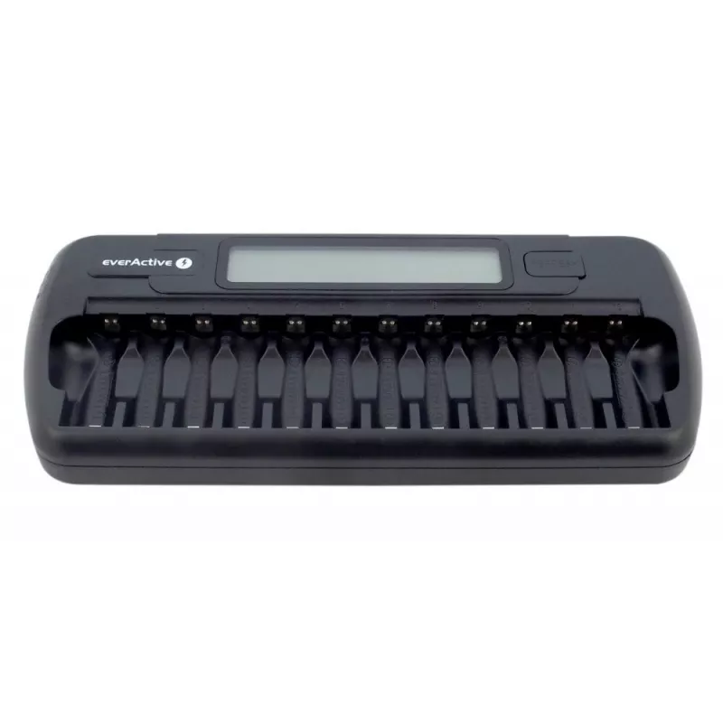 Ładowarka akumulatorów everActive NC-1200 — uniwersalna ładowarka na 12 akumulatorów AA/AAA, wejście 12 V, czarna