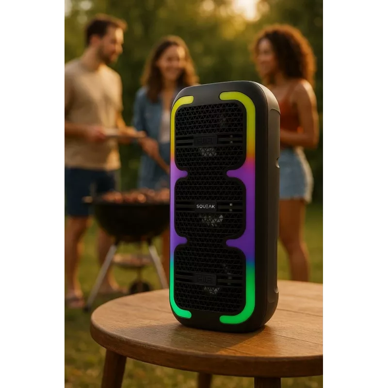 Przenośny głośnik stereo SQUEAK SQ1009 — Bluetooth 5.3, 45 W RMS, 10h bateria, FM, USB, AUX, LED, 1800 mAh, czarny