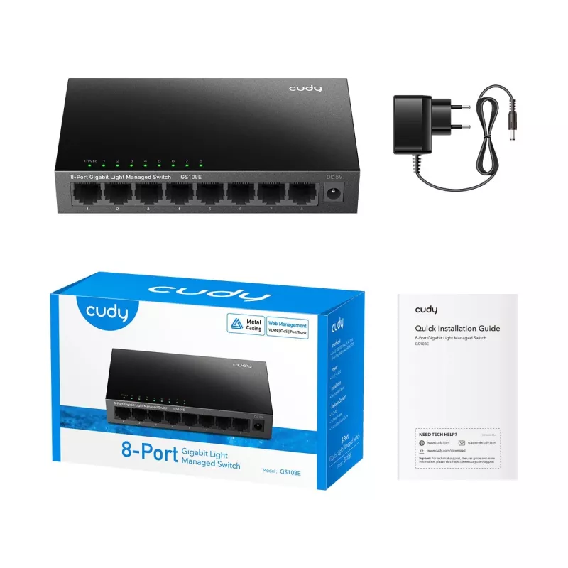 Zarządzalny przełącznik Cudy GS108E 8-portowy Gigabit Ethernet, 8x 10/100/1000 Mbps, obudowa metalowa, przełączanie 16 Gbps, IGMP i DHCP snooping